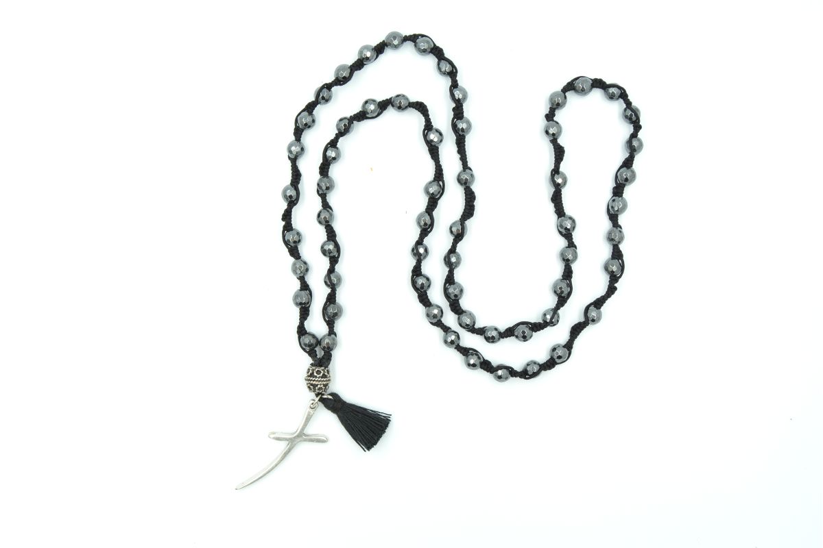 Collana rosario in pietra ematite sfaccettata 6 mm Croce Melaeffe
