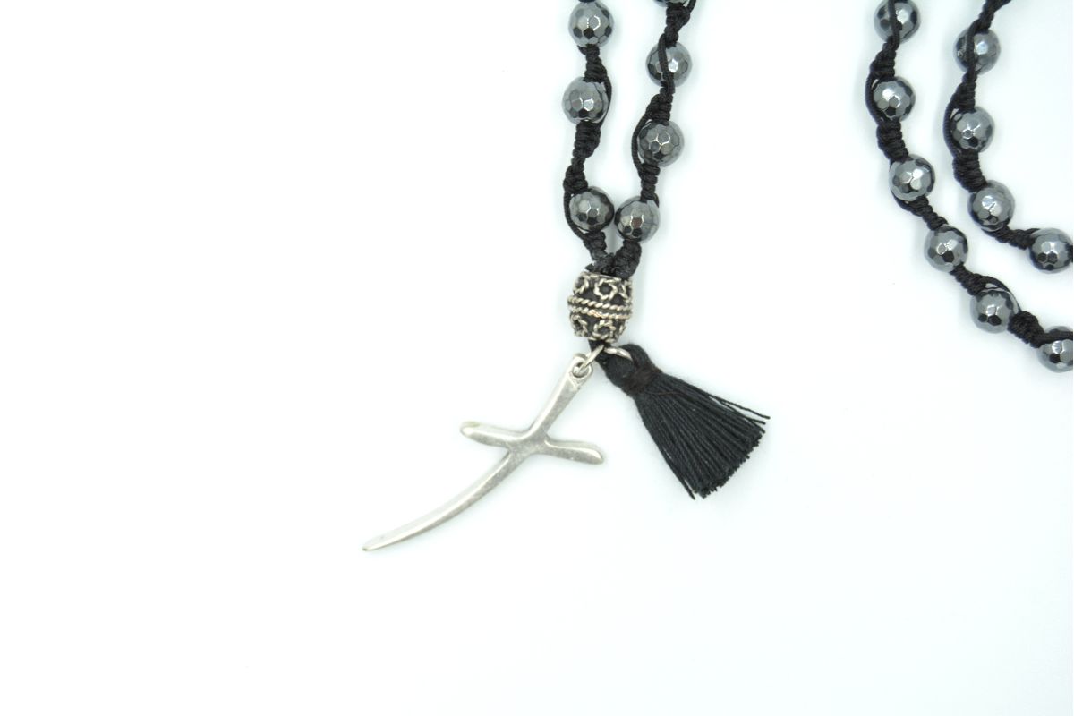 Collana rosario in pietra ematite sfaccettata 6 mm Croce Melaeffe