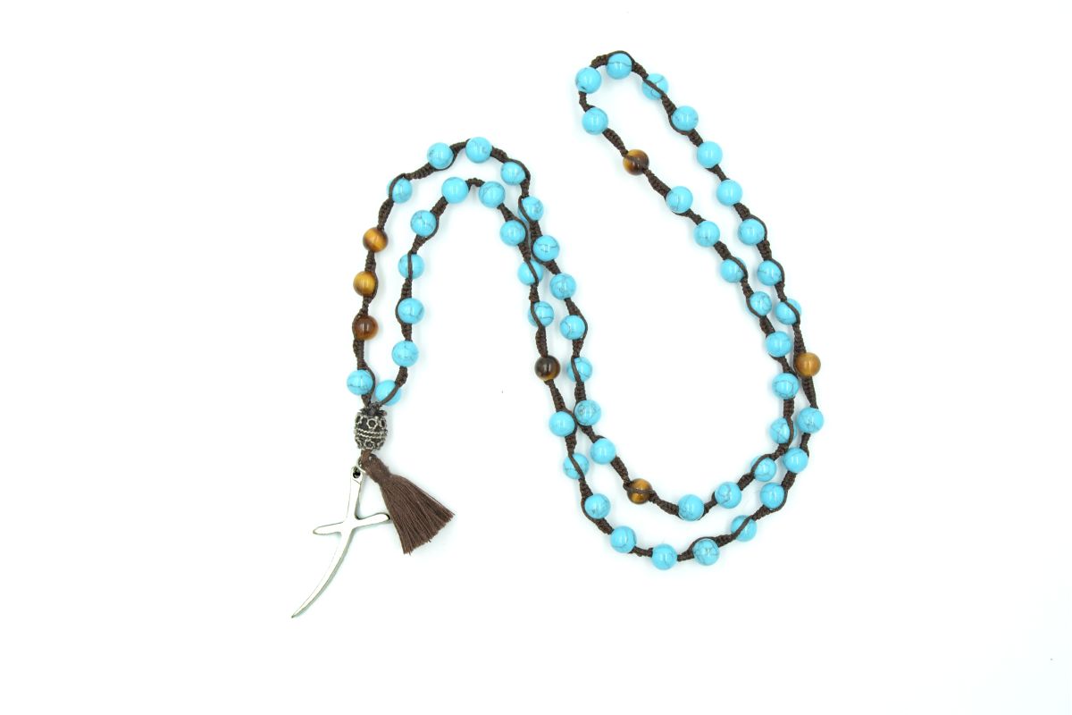 Collana rosario in pietra turchese (pasta) e occhio di tigre 6 mm Croce Melaeffe