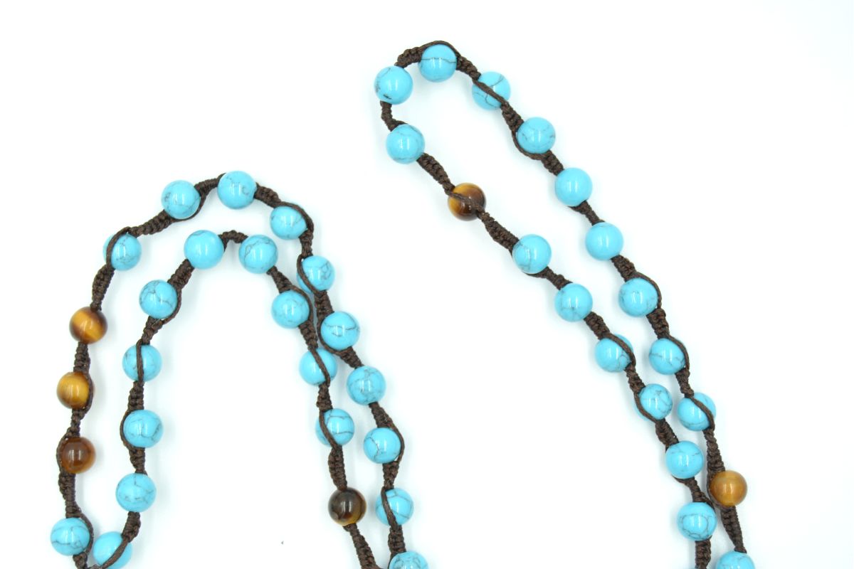 Collana rosario in pietra turchese (pasta) e occhio di tigre 6 mm Croce Melaeffe