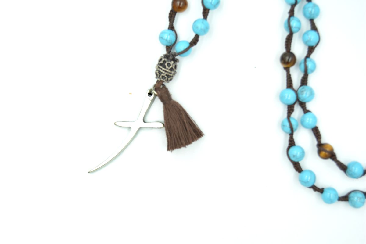 Collana rosario in pietra turchese (pasta) e occhio di tigre 6 mm Croce Melaeffe