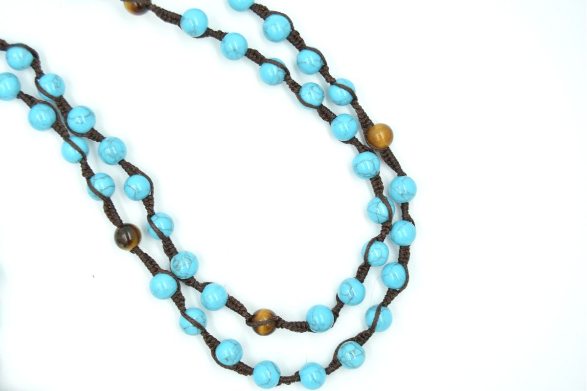 Collana rosario in pietra turchese (pasta) e occhio di tigre 6 mm Croce Melaeffe