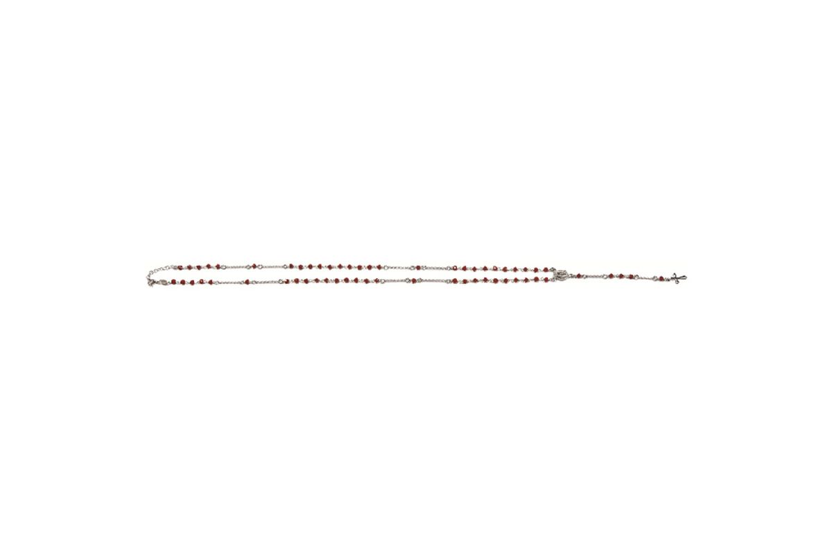 Corona rosario rosso con grani in Swarovski e crocera Medaglia Miracolosa - 3 mm
