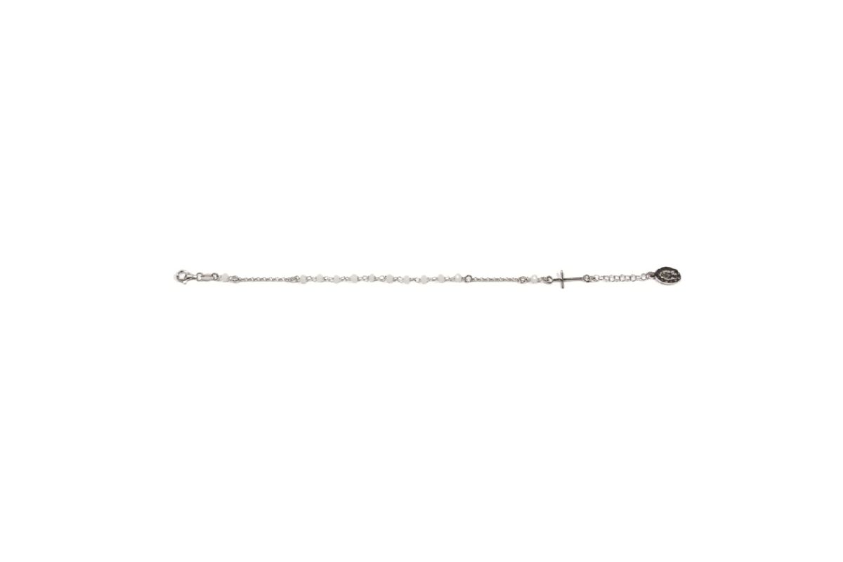 Bracciale decina D&G rodiato, grani in Swarovski sfaccettati 3 mm bianchi opachi, Medaglia Miracolosa